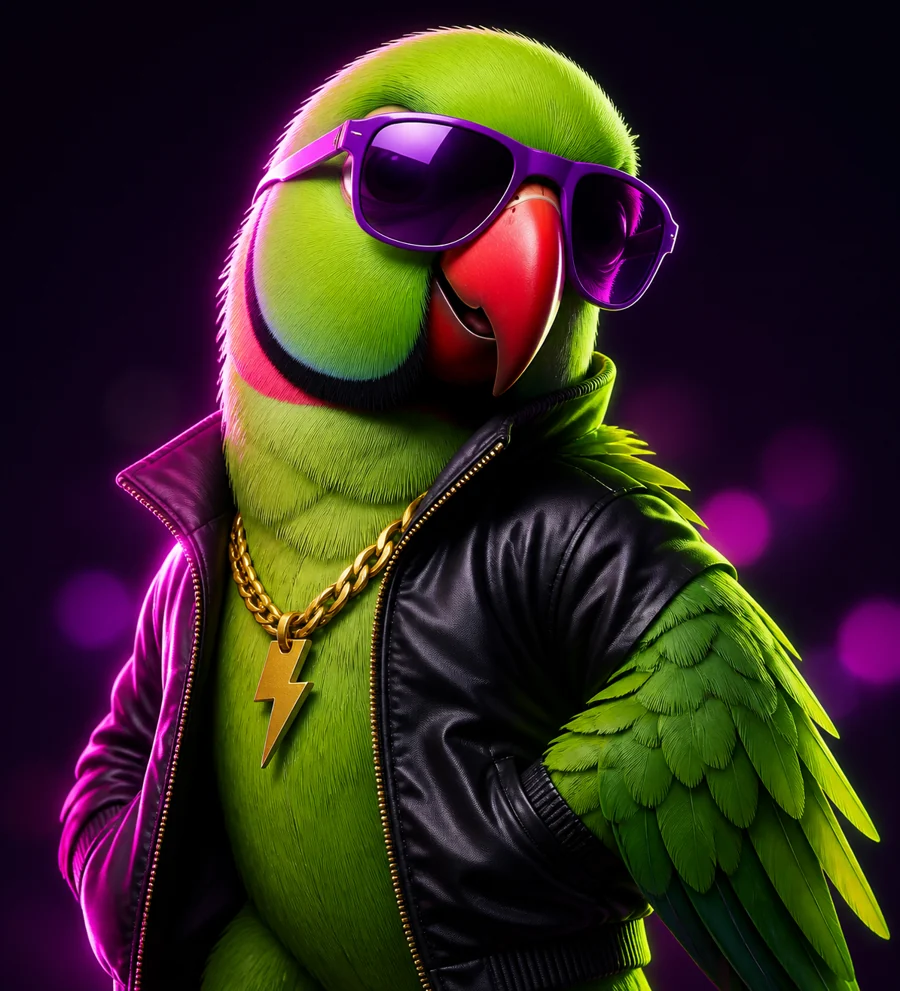Popat, a green parrot mascot in purple sunglasses and a black jacket
